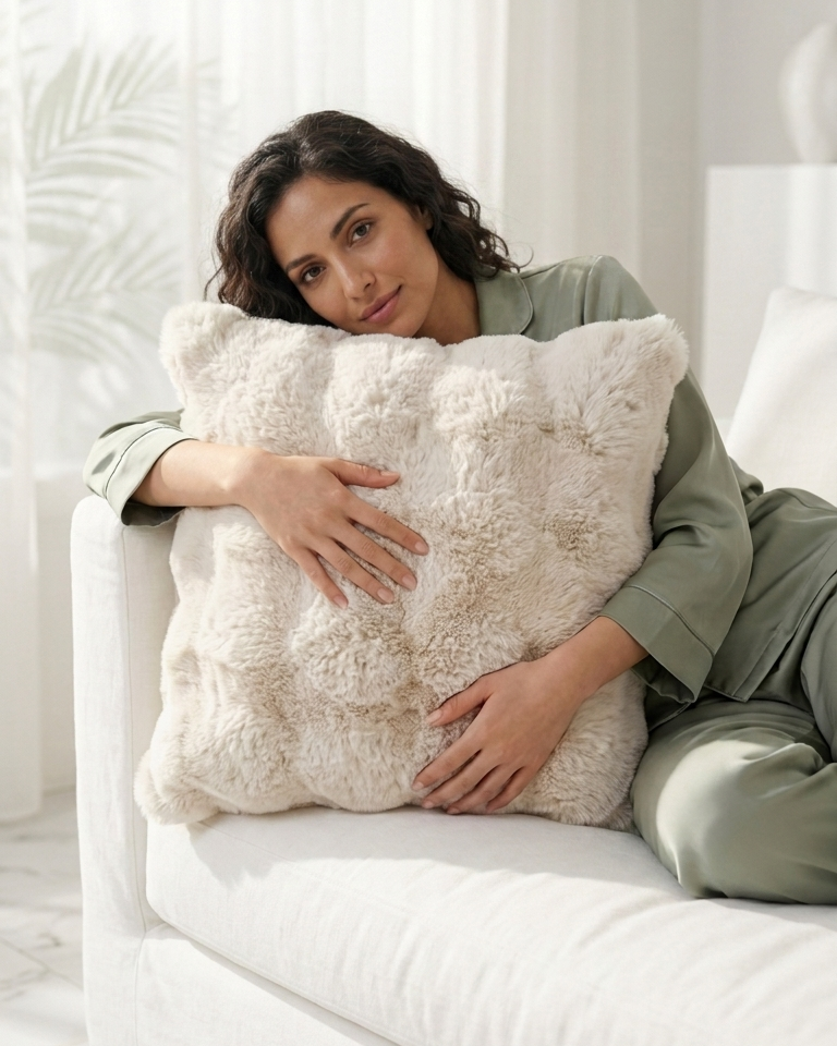 A woman in sage green loungewear reclines on a white sofa, holding a large cream-colored textured faux fur throw pillow in a bright, modern living room.